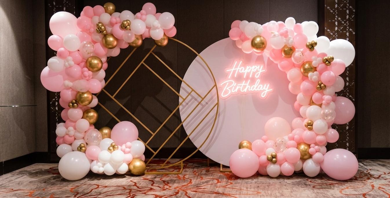 Happy Birthday pink, white and gold balloon arrangement